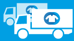 Icon: zwei LKW auf der Plan das Logo der Respect Textil Schritt 2: Anlieferung / Abholung durch Respect Textil Icon: zwei LKW auf der Plan das Logo der Respect Textil